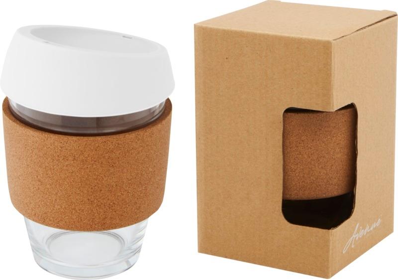 Lidan 360 ml borosilicate glass tumbler with cork grip and silicone lid
