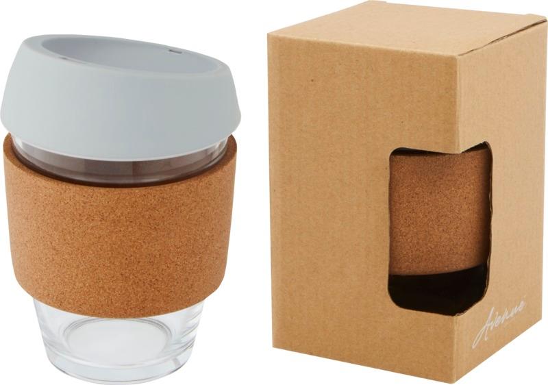 Lidan 360 ml borosilicate glass tumbler with cork grip and silicone lid