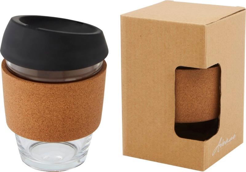 Lidan 360 ml borosilicate glass tumbler with cork grip and silicone lid