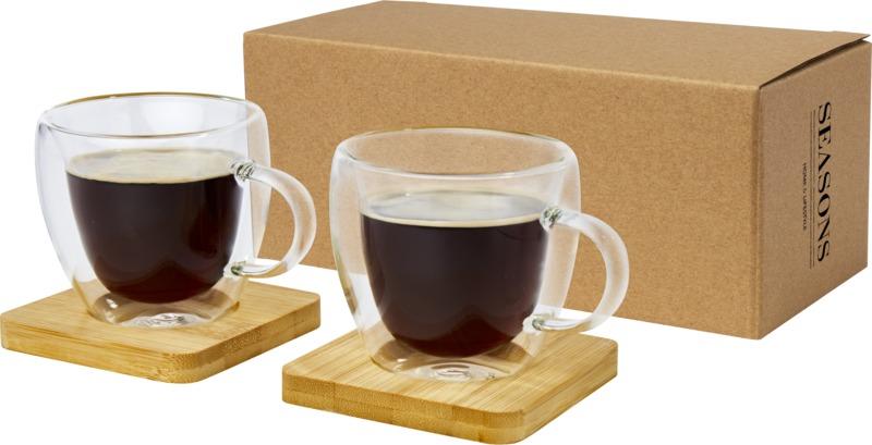 Manti 2-piece 100 ml double-wall glass cup with bamboo coaster 