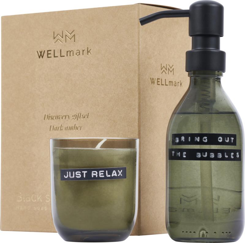 Wellmark Discovery 200 ml hand soap dispenser and 150 g scented candle set - dark amber fragrance