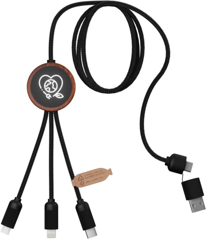 SCX.design C37 5-in-1 rPET light-up logo charging cable with round wooden casing
