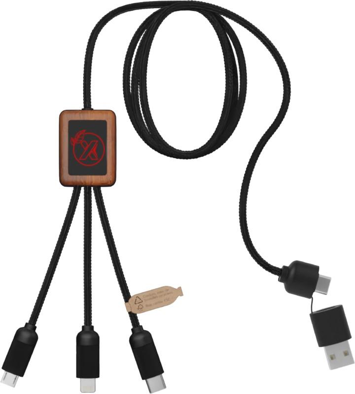 SCX.design C38 5-in-1 rPET light-up logo charging cable with squared wooden casing
