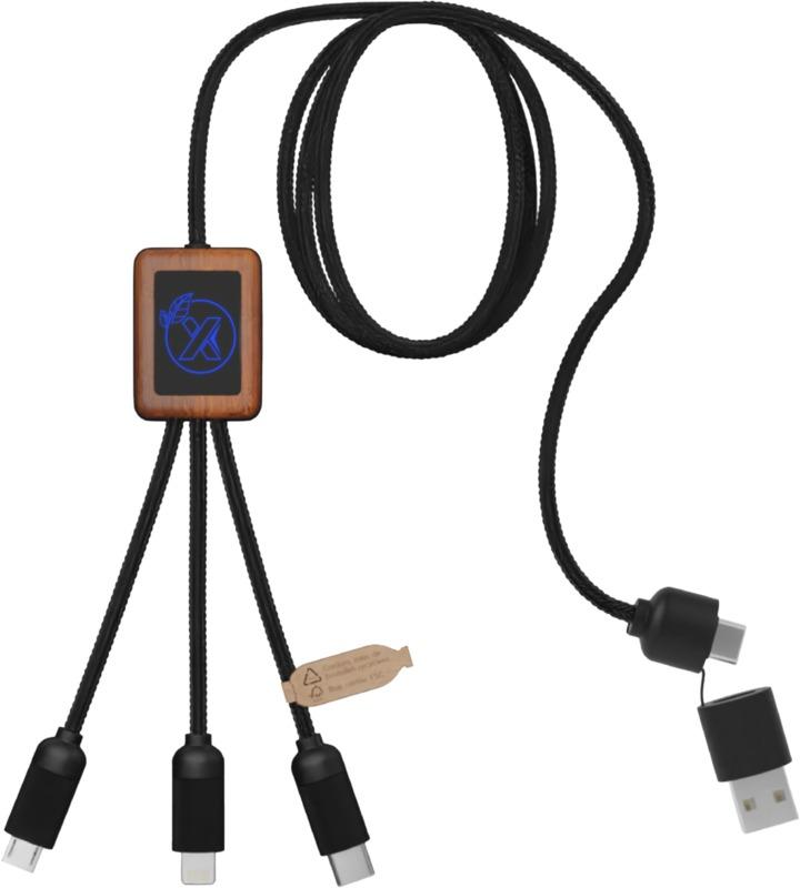 SCX.design C38 5-in-1 rPET light-up logo charging cable with squared wooden casing