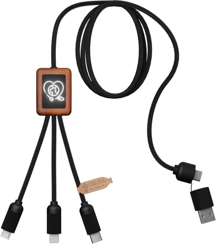SCX.design C38 5-in-1 rPET light-up logo charging cable with squared wooden casing